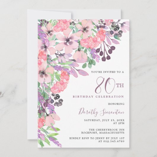 Invitation Dusty rose violet Fleur sauvage 80e anniversaire (Devant)
