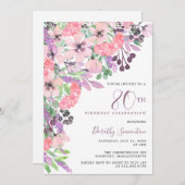 Invitation Dusty rose violet Fleur sauvage 80e anniversaire (Devant / Derrière)
