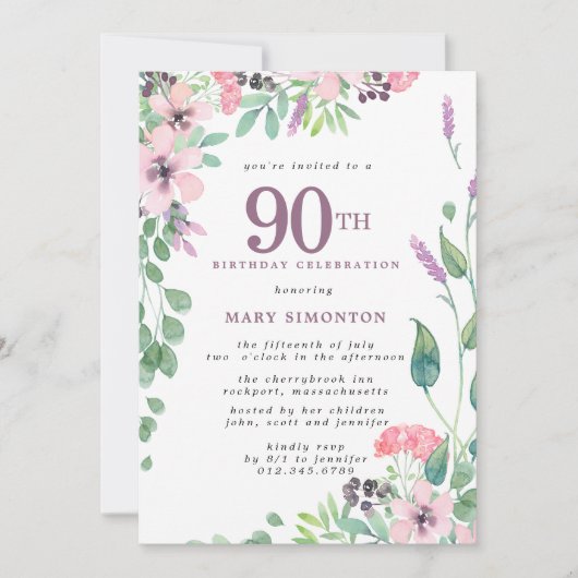 Invitation Dusty rose violet Fleur sauvage 90e anniversaire (Devant)
