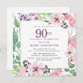 Invitation Dusty rose violet Fleur sauvage 90e anniversaire (Devant / Derrière)