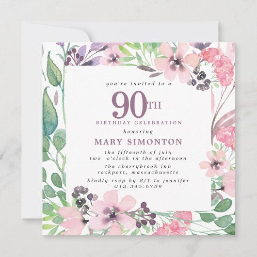 Invitation Dusty rose violet Fleur sauvage 90e anniversaire (Devant)