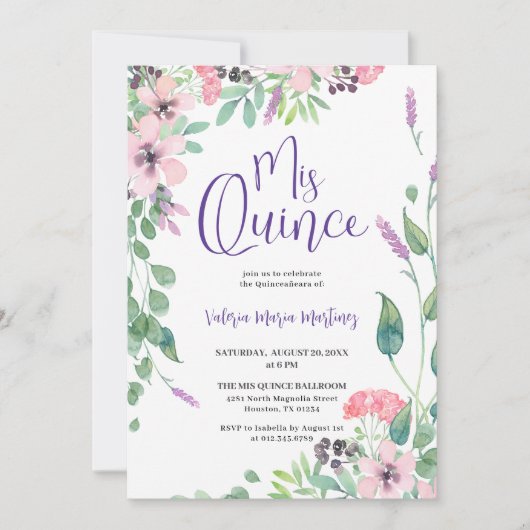 Invitation Dusty rose violet Fleur sauvage Quinceanera (Devant)