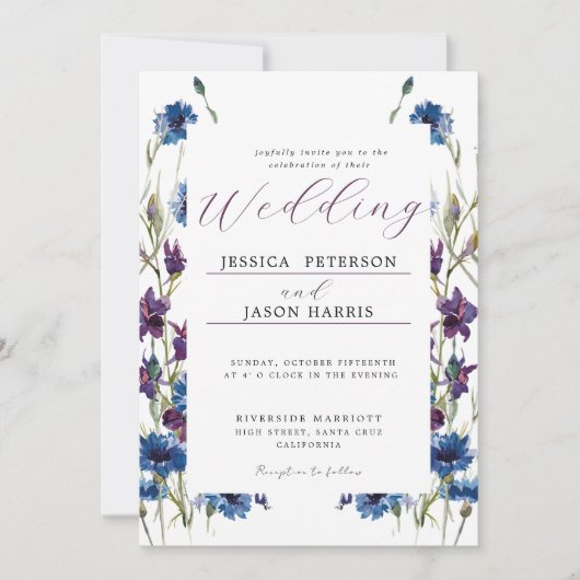 Invitation Dusty Royal Bleu Purple Bloom Floral Mariage Invit (Devant)
