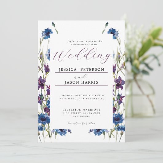 Invitation Dusty Royal Bleu Purple Bloom Floral Mariage Invit (Debout devant)