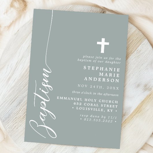 Invitation Dusty Sage Simple Script Moderne Baptême
