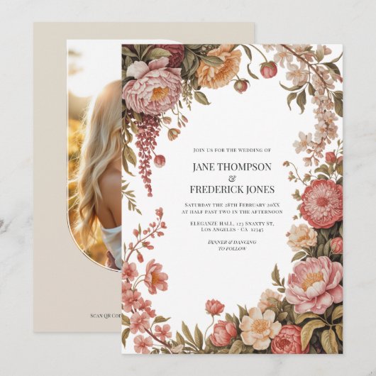 Invitation Dusty Sage, Soft Peach & Warm Sand Floral Wedding (Devant / Derrière)