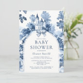 Invitation Dusty Toile Bleue De Jouy Baby shower français (Debout devant)