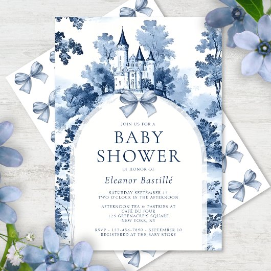Invitation Dusty Toile Bleue De Jouy Baby shower français