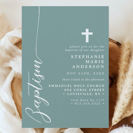 Invitation Dusty Turquoise Simple Script moderne Baptême
