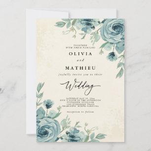 Invitation Dusty Turquoise Vintage Floral Mariage botanique