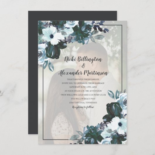 Invitation Dusty Twilight Blue Floral Mariage Photo (Devant / Derrière)