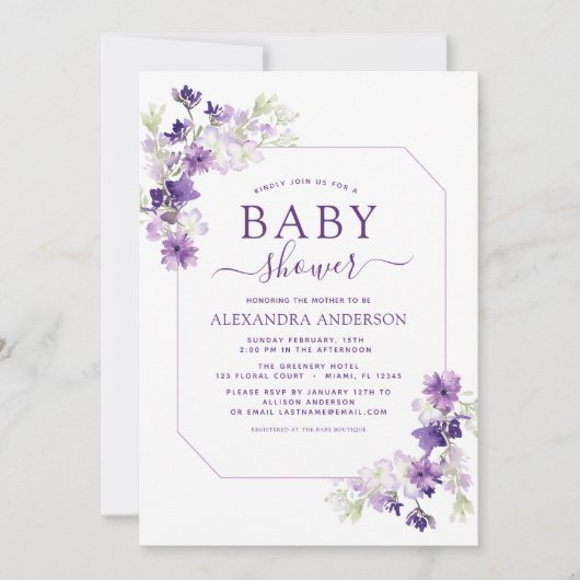 Invitation Dusty violet Baby shower de verdure Florale (Devant)