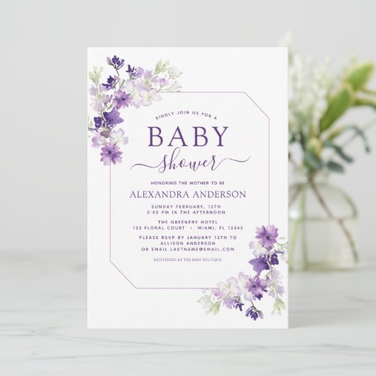 Invitation Dusty violet Baby shower de verdure Florale (Debout devant)