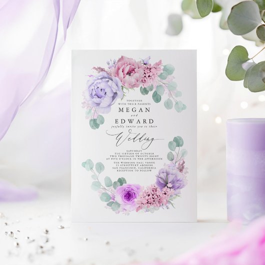 Invitation Dusty violet et rose Floral Elegant Boho Mariage