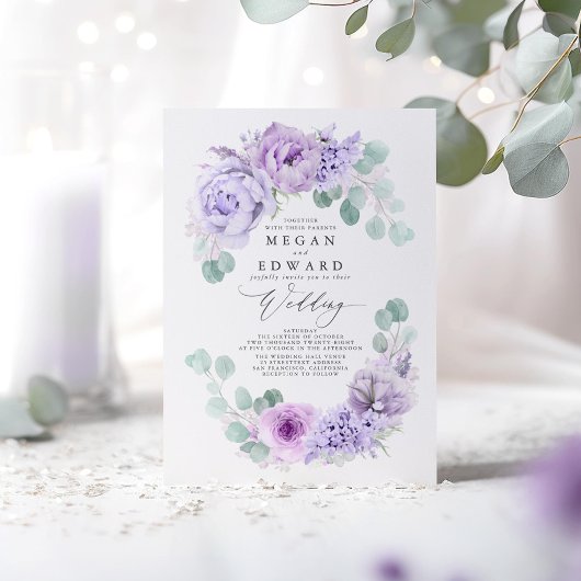 Invitation Dusty violet Floral Élégant Mariage Boho