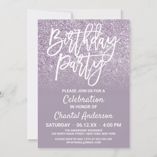 Invitation Dusty violet gris Faux Parties scintillant Ombre A (Devant)