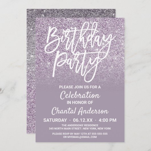 Invitation Dusty violet gris Faux Parties scintillant Ombre A (Devant / Derrière)