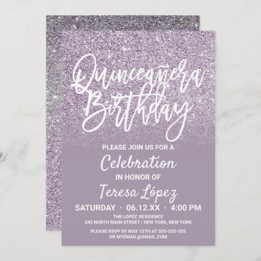 Invitation Dusty violet gris Faux Parties scintillant Ombre Q (Devant / Derrière)