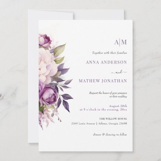 Invitation Dusty violet lavande Floral Boho mariage monogramm (Devant)