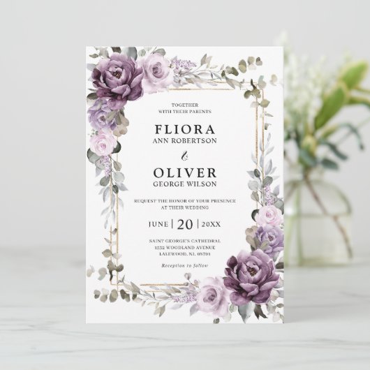 Invitation Dusty violet lavande or Mariage géométrique (Debout devant)