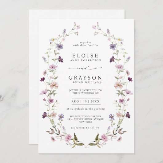 Invitation Dusty Violet Lavender Fleur sauvage Jardin Mariage (Devant / Derrière)