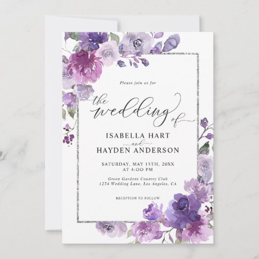 Invitation Dusty violet Mauve Lilac Floral Argent Mariage (Devant)