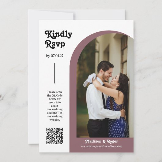 Invitation Dusty Violet Retro Arch Photo QR Code RSVP Super (Dos)