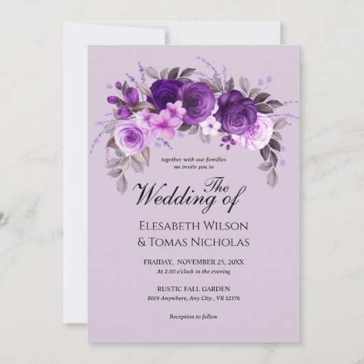 Invitation Dusty violet Roses & Mariage argent vert (Devant)