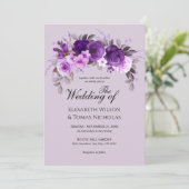 Invitation Dusty violet Roses & Mariage argent vert (Debout devant)