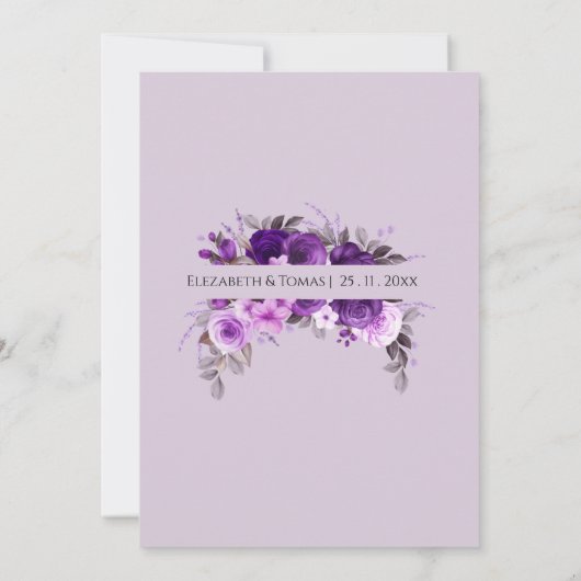 Invitation Dusty violet Roses & Mariage argent vert (Dos)