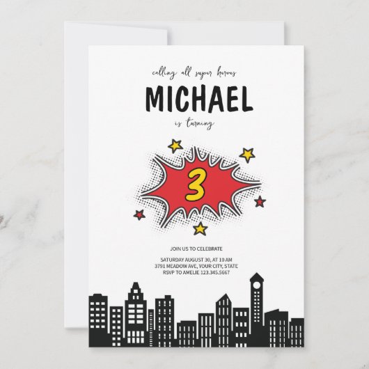 Invitation dynamique Superhero 3e anniversaire (Devant)
