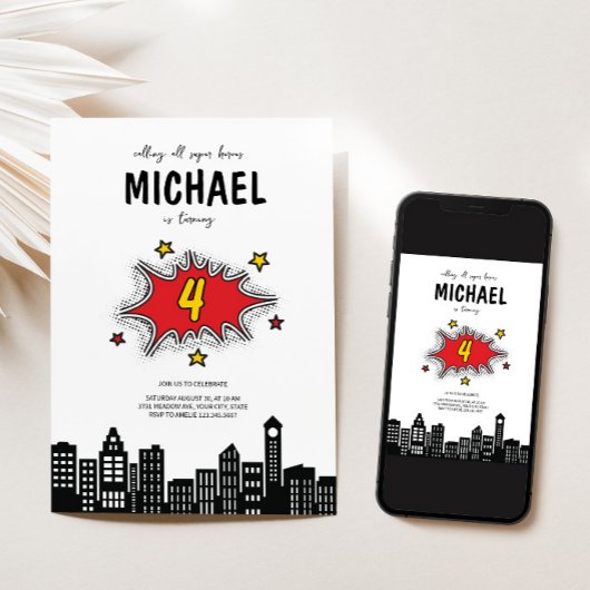 Invitation dynamique Superhero 4e anniversaire
