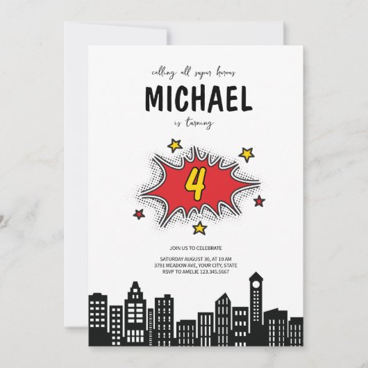 Invitation dynamique Superhero 4e anniversaire (Devant)