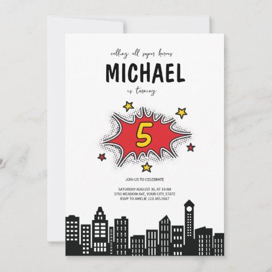 Invitation dynamique Superhero 5e anniversaire (Devant)