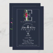Invitation E Monogramme Dernier initial bleu Floral Mariage (Devant / Derrière)