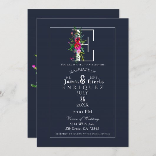 Invitation E Monogramme Dernier initial bleu Floral Mariage (Devant / Derrière)