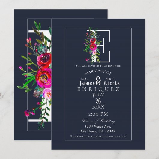 Invitation E Monogramme Dernière Initiale Moderne Bleu Floral (Devant / Derrière)