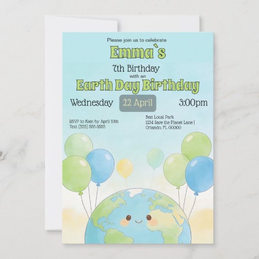 Invitation Earth Day Kids Birthday (Devant)