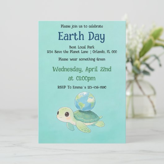 Invitation Earth Day Turtle with Globe (Debout devant)