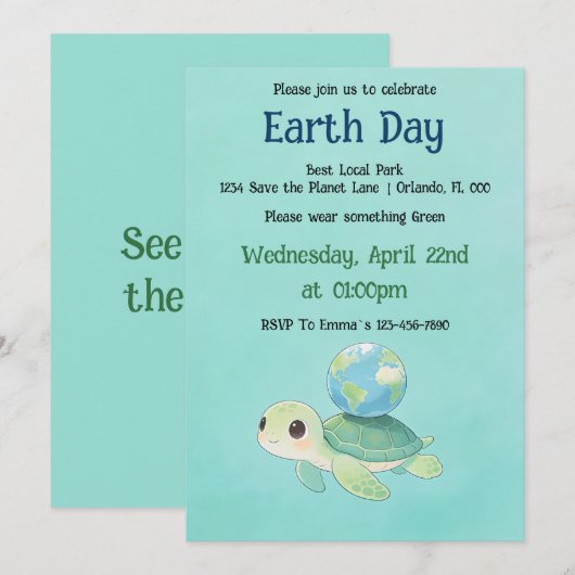 Invitation Earth Day Turtle with Globe (Devant / Derrière)