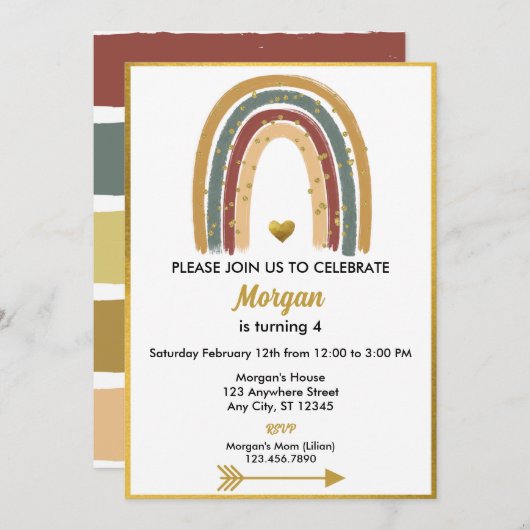Invitation Earth Tone Golden Parties scintillant Boho Rainbow (Devant / Derrière)