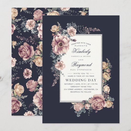 Invitation Earthy Dusty Rose et Navy Blue Floral Mariage (Devant / Derrière)