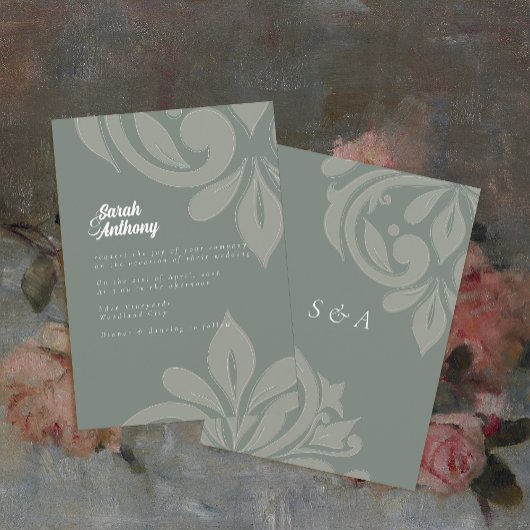 Invitation Earthy Olive savoureux Elegant Mariage damassé