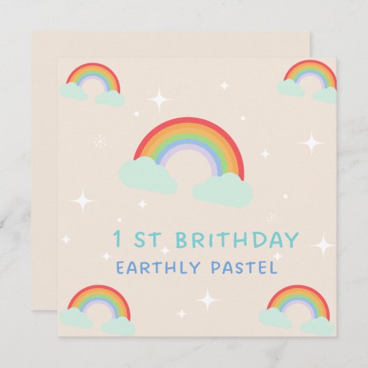 Invitation Earthy Pastel Rainbow 1er Anniversaire (Devant / Derrière)