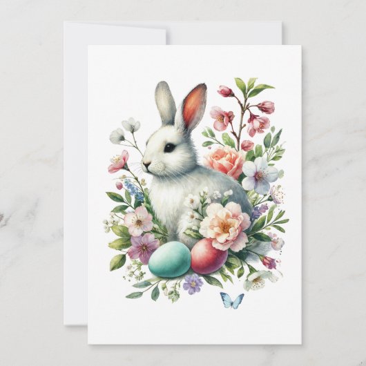 Invitation Easter Aquarelle Lapin, Oeufs & Fleurs (Devant)