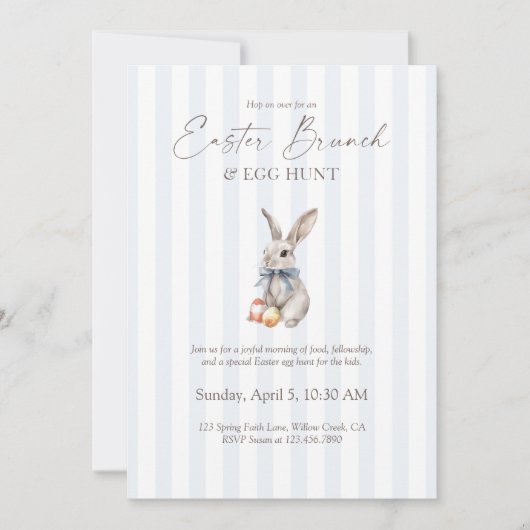 Invitation Easter Brunch and Egg Hunt Blue Stripe Bunny (Devant)