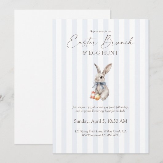 Invitation Easter Brunch and Egg Hunt Blue Stripe Bunny  (Devant / Derrière)