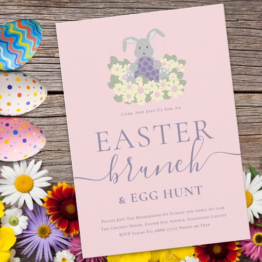 Invitation Easter Brunch and Egg Hunt Cute Bunny Pink