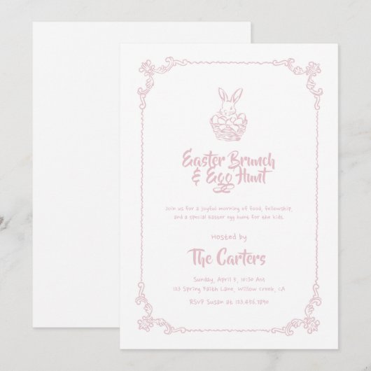 Invitation Easter Brunch and Egg Hunt Soft Pink Bunny (Devant / Derrière)