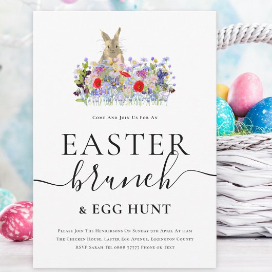 Invitation Easter Bunny and Wildflowers Egg Hunt and Brunch